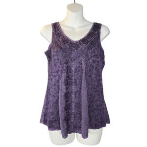 Kirat Women's Purple Embroidered Rayon V-Neck Sleeveless Tank Top Tunic Size L